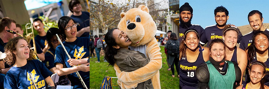 Trio of images of UC San Diego students - pep band, Bear Garden event, intramural sporting team