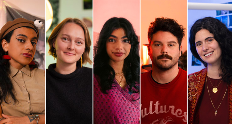 Portraits of five UCSD artists using themes and practices in science-tech