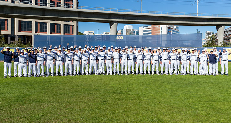 UC San Diego Triton Baseball Team - 2023 - posing as a group on campus - photo by Derrick Tuskan, UC San Diego Athletics