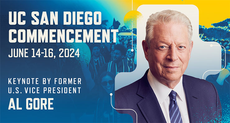 Commencement 2024 UCSD - blue and gold text illustration with portrait of Al Gore, commencement speaker