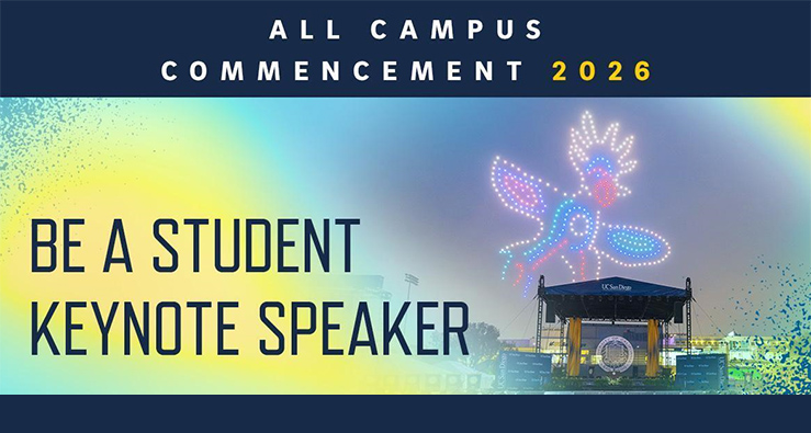 UC San Diego Commencement Keynote Speaker - text illustration on dark blue background