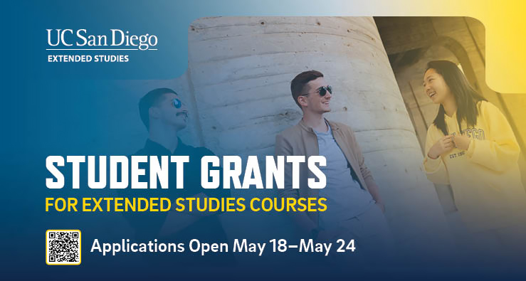 Three students talk and laugh - text promotes grants for Extended Studies courses and test prep - apply by Sunday 5/24