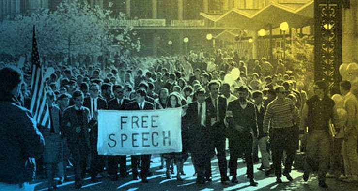 Historic photograph of student march on the UC San Diego campus (tinted blue and gold)