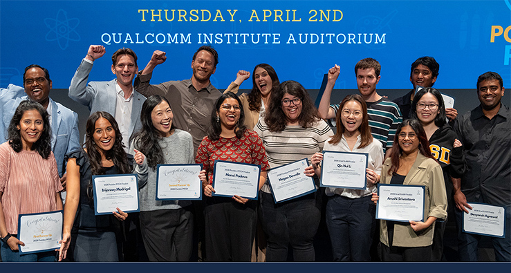 Side-by-side photos of the two UC San Diego students speaking and gesturing on stage. Neurosciences PhD student Joanna Eckhardt, left, won the top prize at UC San Diego's 2026 Grad SLAM Final Round, while postdoctoral scholar Ido Avivi, right, took home first place in Postdoc PITCH