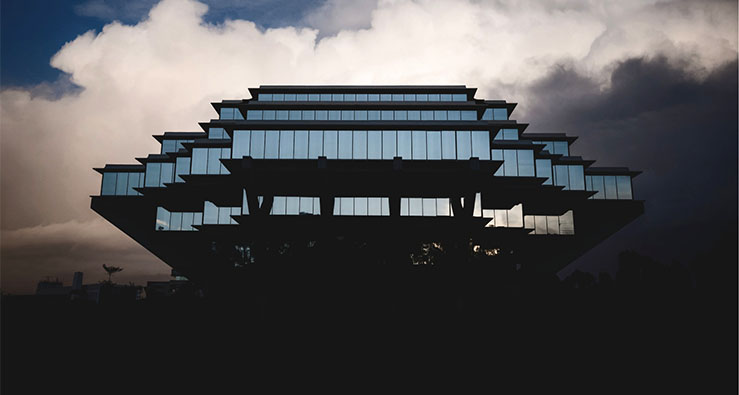 Geisel Library on campus at UC San Diego - a dramatic cloudy sky in the background