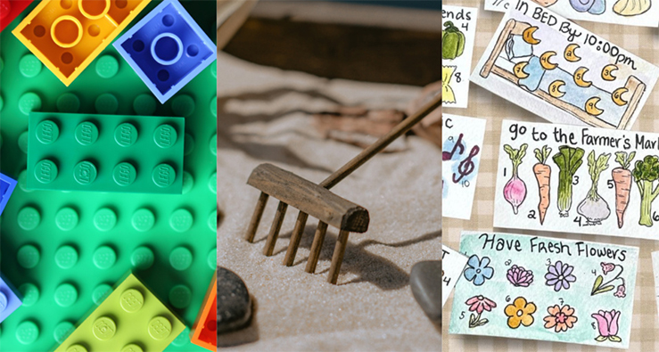 Trio of photos - Lego blocks, Zen garden, hand-drawn postcards