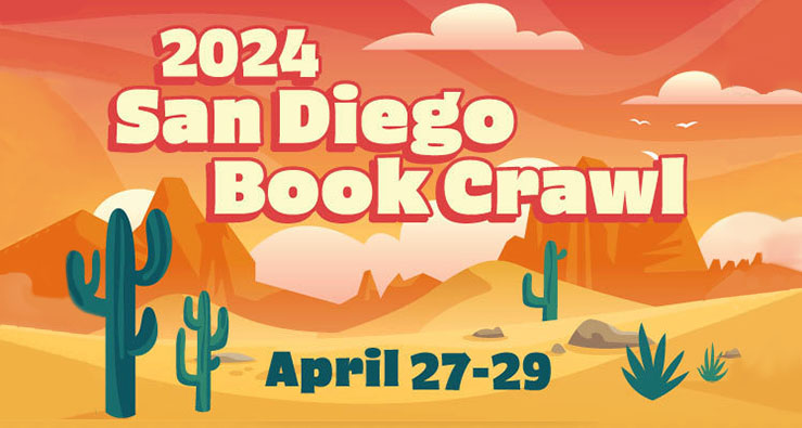 text illustration - San Diego Book Crawl - with an orangey deserty background illustration