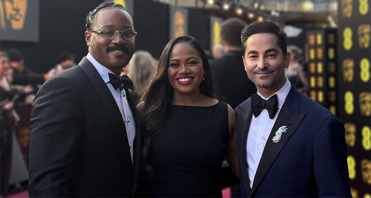 UC San Diego alumnus Sev Ohanian (right) with Sinners fellow producers Ryan Coogler and Zinzi Coogler - posing on the red carpet. Photo courtesy of Sev Ohanian.