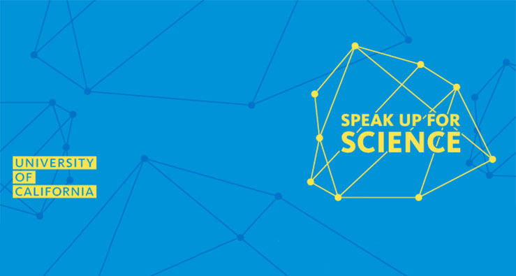 Gold lettering on blue background - Speak Up for Science