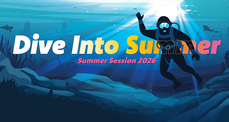 Dive into Summer Session at UC San Diego - text illustration in blue and gold