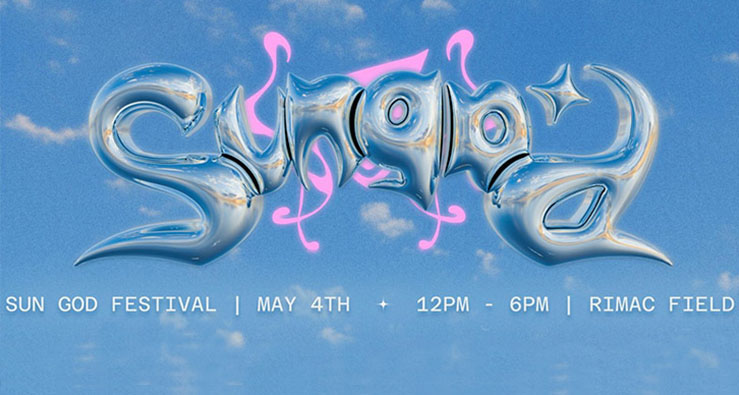 Sun God Festival - May 4, 2024 - swirly lettering on a blue-sky background
