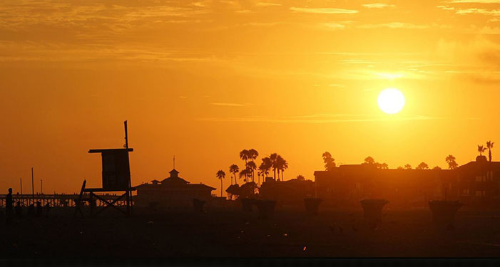 Bright sunset silhouetting palm trees and lifeguard tower