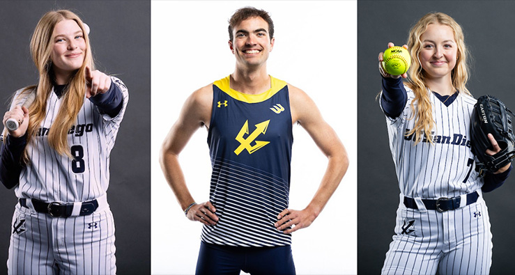 Three photos, side by sides, of Triton athletes in uniform