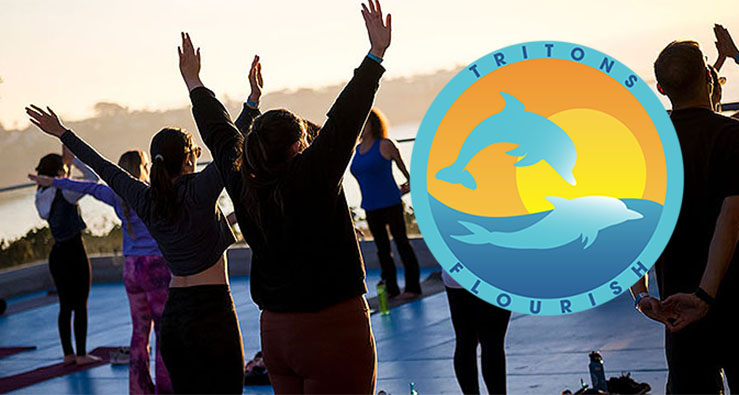 TRITONS FLOURISH - logo superimposed over silhouettes of yoga students at sunset