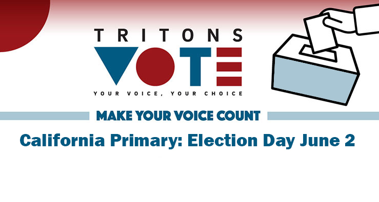 TRITONS VOTE - red white and blue logo and illustration of hand placing a ballot into a box :)