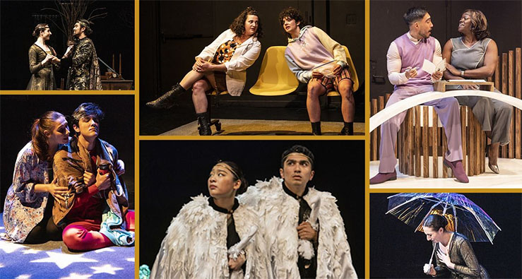 a photographic montage of on-stage scenes from UCSD's 2024 Wagner New Play Festival