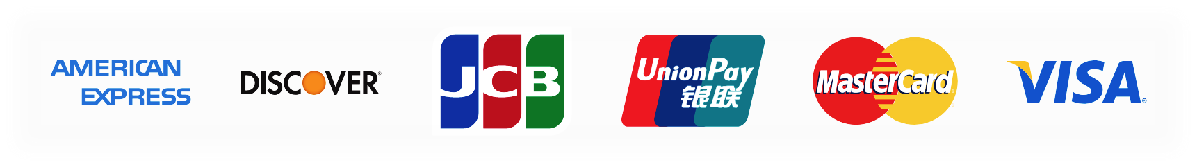 Icons for accepted payment types: American Express, Discover, JCB, UnionPay, MasterCard, and VISA