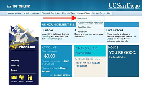 screenshot of MyTritonLink dashboard with chooser showing location of 'Addresses' under 'Personal Tools'