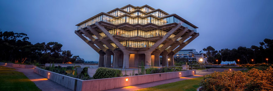 UC San Diego's Geisel Library at dusk