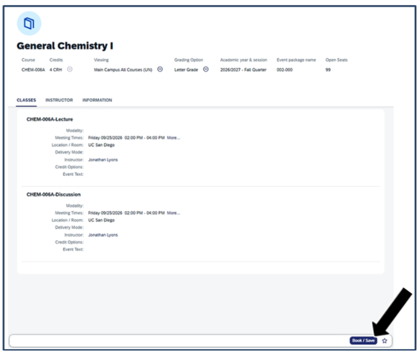 Screenshot of a course and an arrow pointing to the Book/Save button
