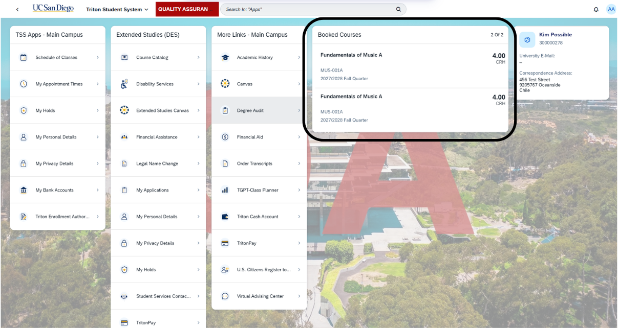 Screen shot - TSS - see where your booked classes are listed