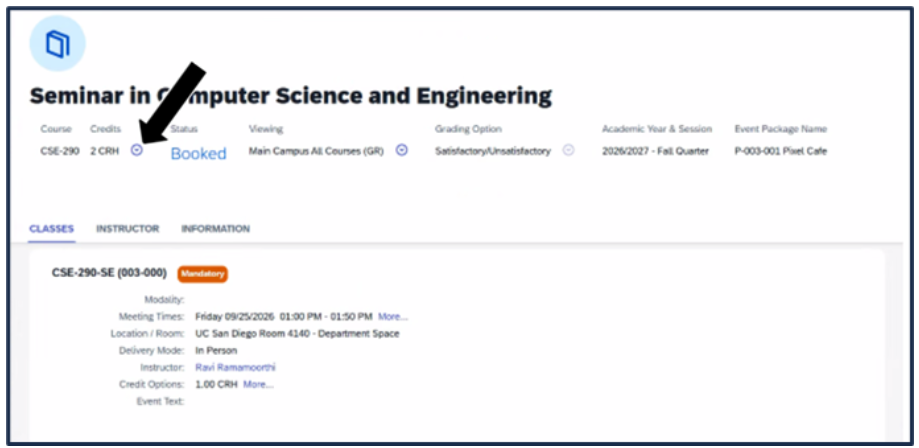 Screen shot - TSS Booking - course detail page, locate the Credit field and click the dropdown arrow next to the units.