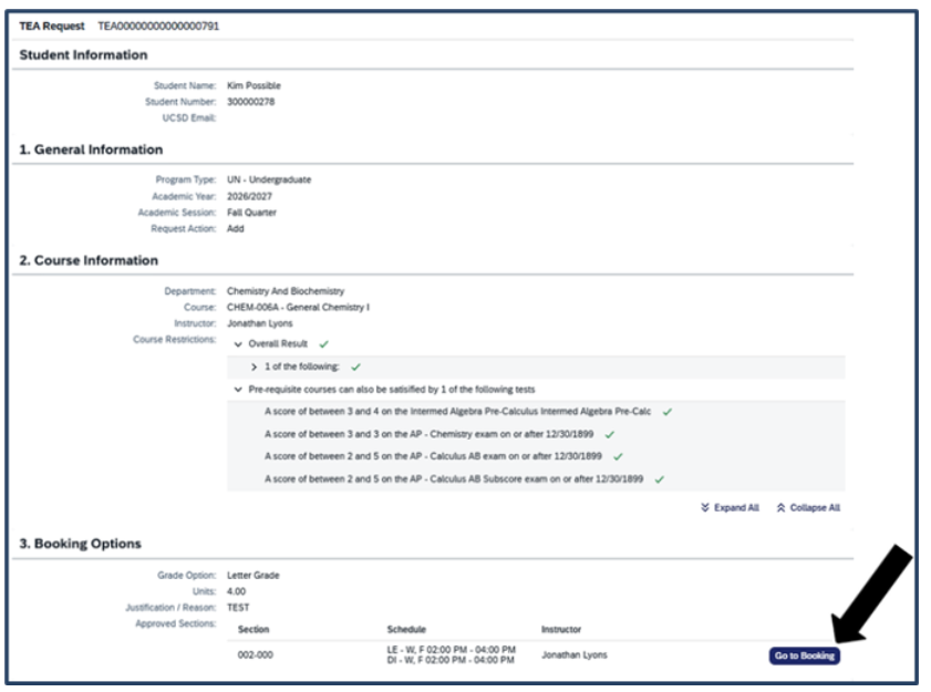 Screenshot of Booking Section with an arrow pointing to the "Go to Booking" button