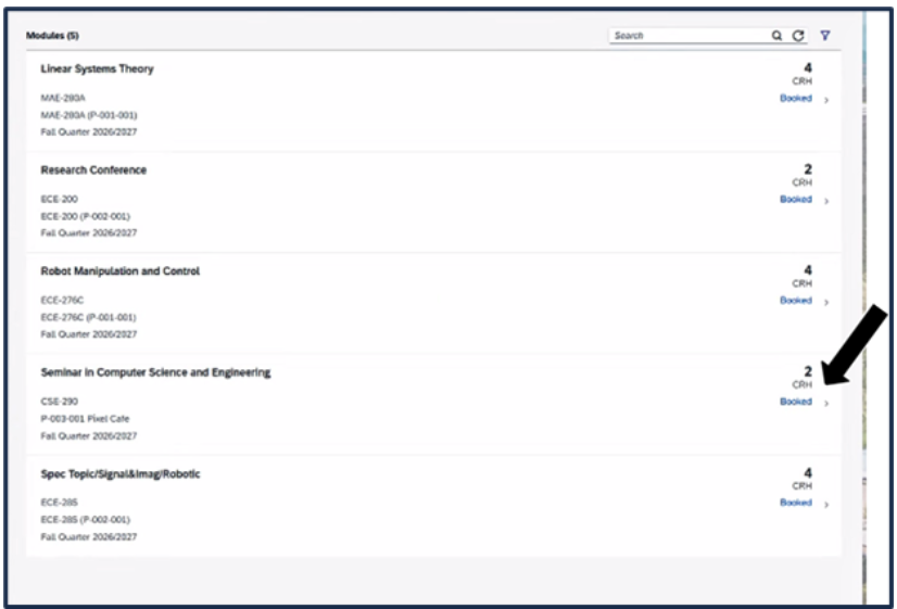 Screen shot - TSS Booking - variable-unit course - booked