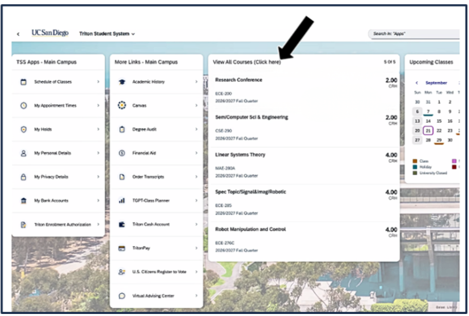 Screen shot - TSS Student homepage - View All Courses (Click Here) tile