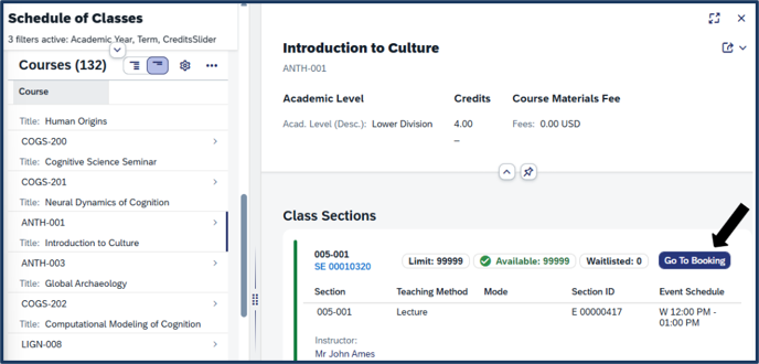 Screen shot - TSS Booking - the booking screen