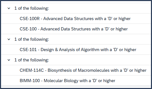 Screen shot - TSS Booking - prerequisite groups list