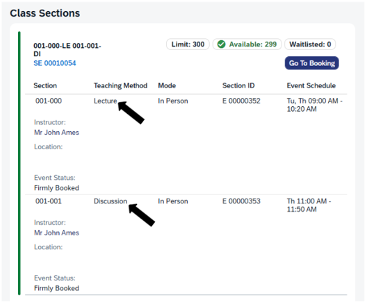 Screen shot - TSS Booking - multi-components appearing for the course - lecture, discussion etc