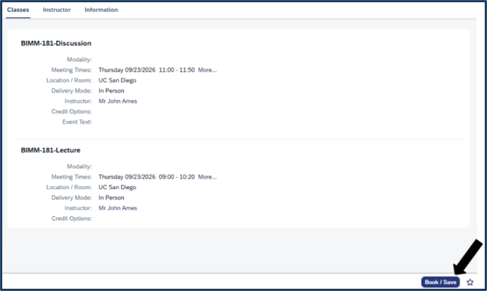 Screen shot - TSS Booking - multi-component courses - click the book button to finish