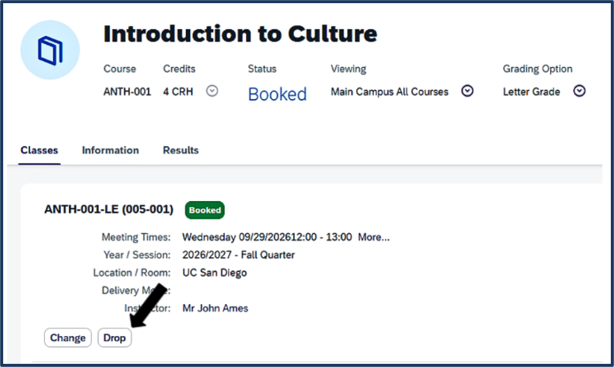 Screen shot - TSS Booking - cancel/drop a course - click drop