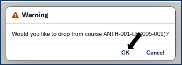 Screen shot - TSS Booking - cancel/drop a course - warning message