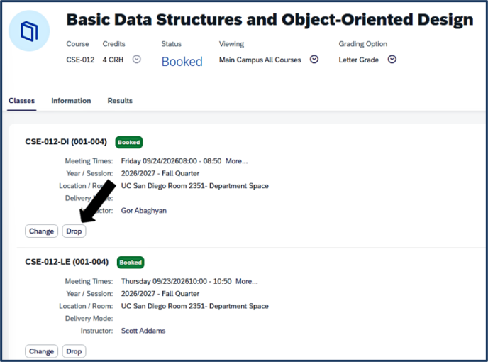 Screen shot - TSS Booking - cancel/drop a multi-section course - click drop