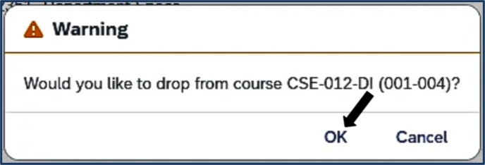 Screen shot - TSS Booking - cancel/drop a multi-component course - warning message