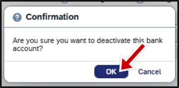 Screen shot of TSS-My Bank Accounts showing confirmation message when you're trying to deactivate the account