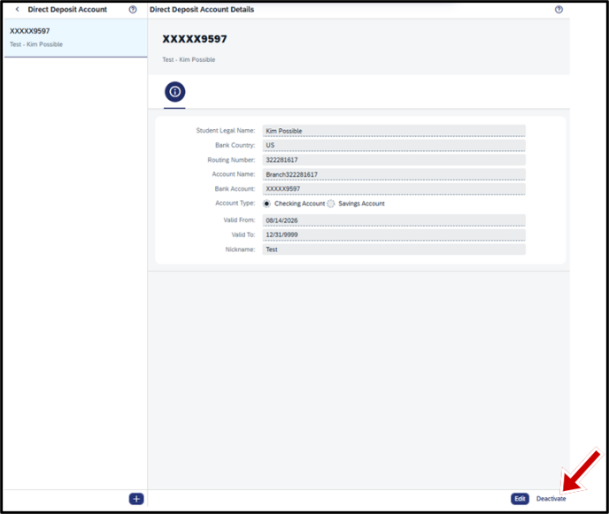 Screen shot of TSS-My Bank Accounts and location of Deactivate button