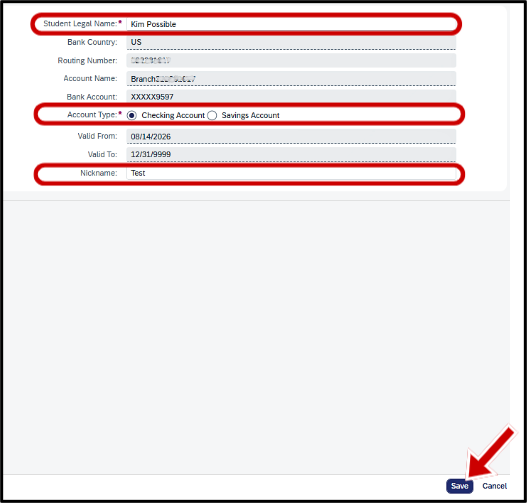 Screen shot of TSS-My Bank Accounts and where to edit and save account info