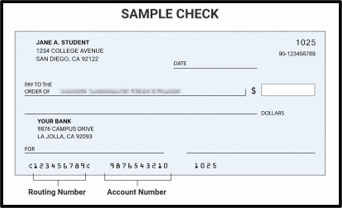 sample check showing location of routing number and account number at the bottom of the check