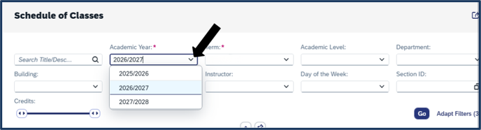 Screen shot - schedule of classes - academic year dropdown chooser
