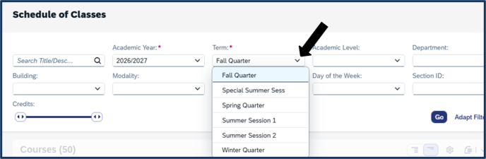 Screen shot - schedule of classes - term/quarter dropdown chooser