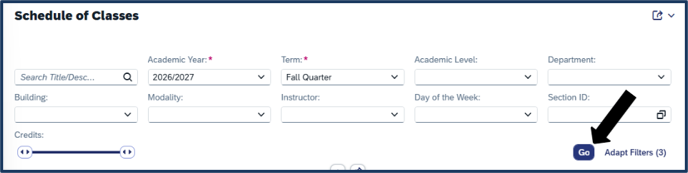 Screen shot - schedule of classes - after you choose then GO