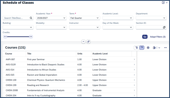 Screen shot - schedule of classes - search results