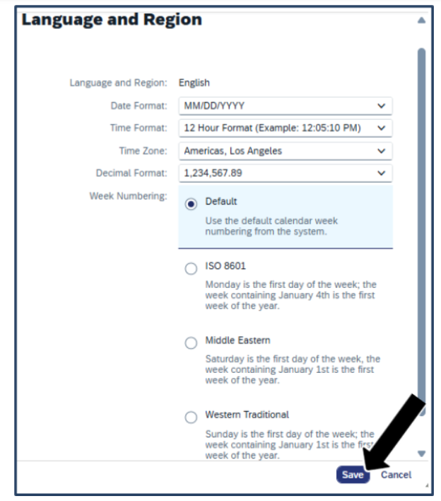 Screenshot of Weekly Number Default setting and black arrow next to the Save button