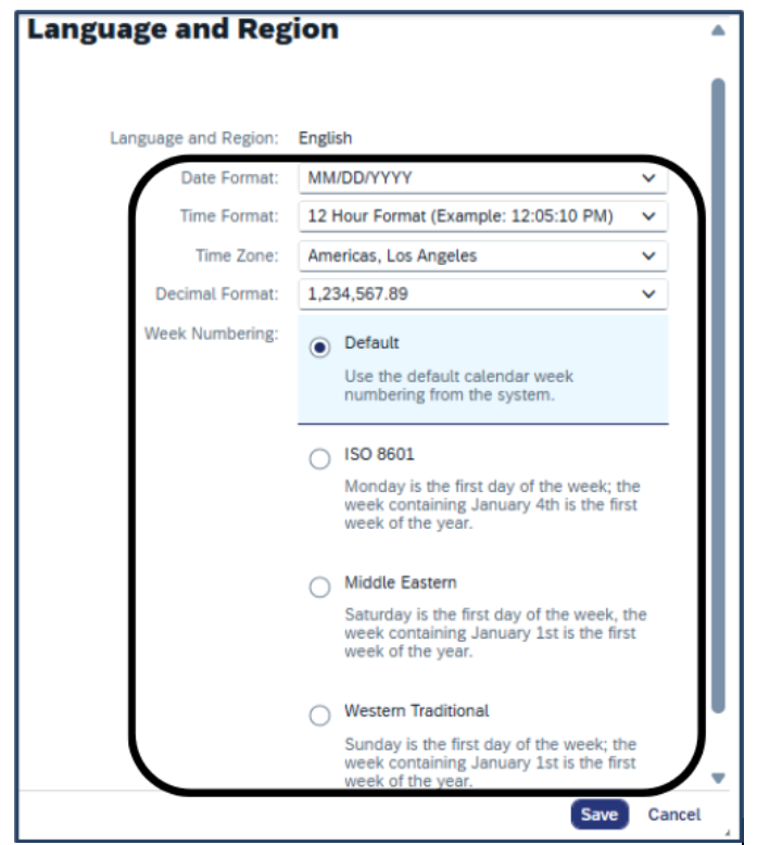 Screenshot of the Language and Region page
