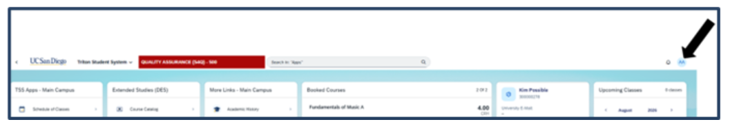 Screenshot of the Student Overview Homepage with a black arrow pointing to a circle with the user's initials in it