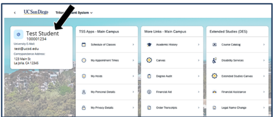 Screen shot of your student overview homepage - TSS main screen after you log in