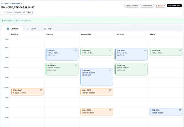 Screen shot of class planner tool - see the calendar that it builds